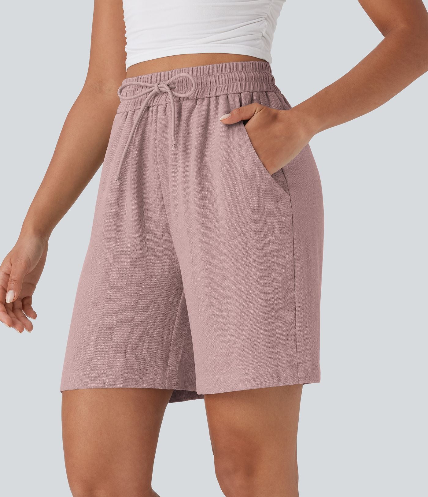 Short décontracté effet lin taille haute avec cordon de serrage et poches latérales