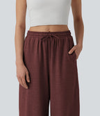 Pantalon large décontracté color block taille haute avec cordon de serrage et poches