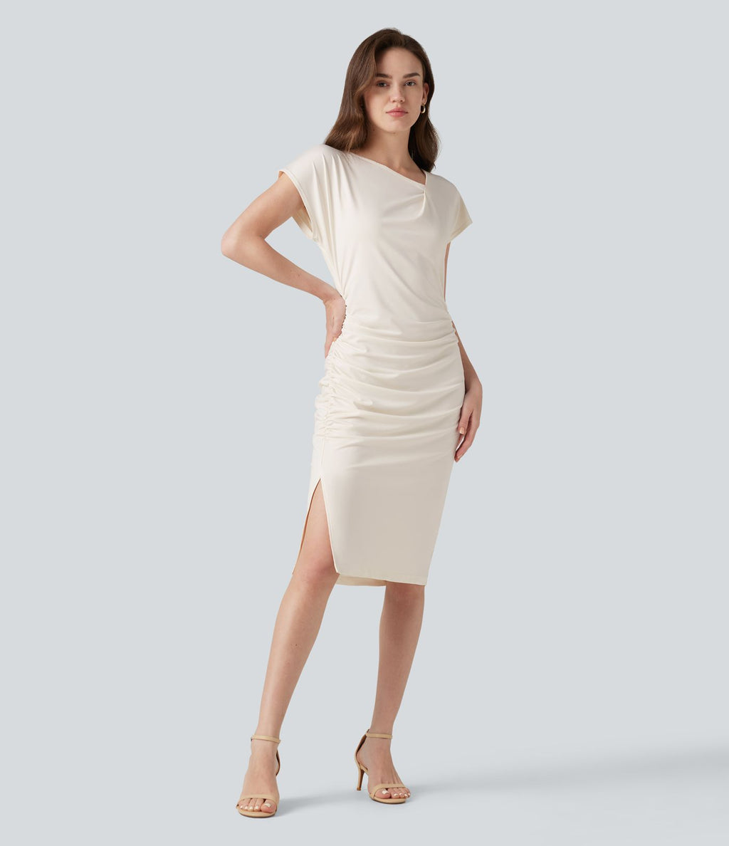 Robe habillée asymétrique col bénitier manches courtes froncée avec ourlet fendu