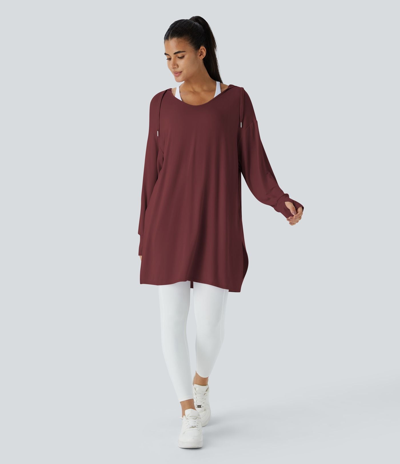 Sweatshirt Casual à Capuche Encolure en V Cordon de Serrage Trou pour le Pouce Fente et Coupe Longue