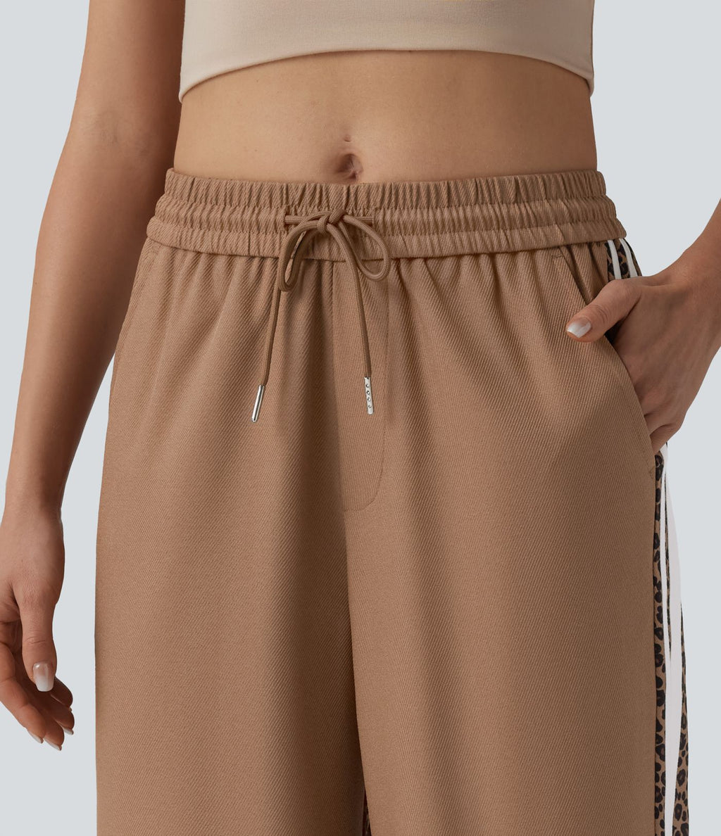 Pantalon ample décontracté taille mi-haute avec cordon de serrage color block rayures léopard contrastant avec poches