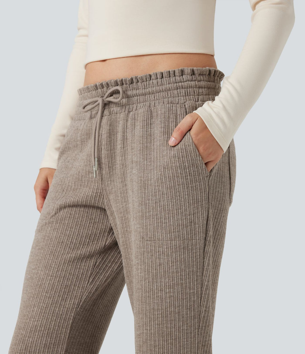 Pantalon décontracté bootcut côtelé, taille basse, cordon et poches