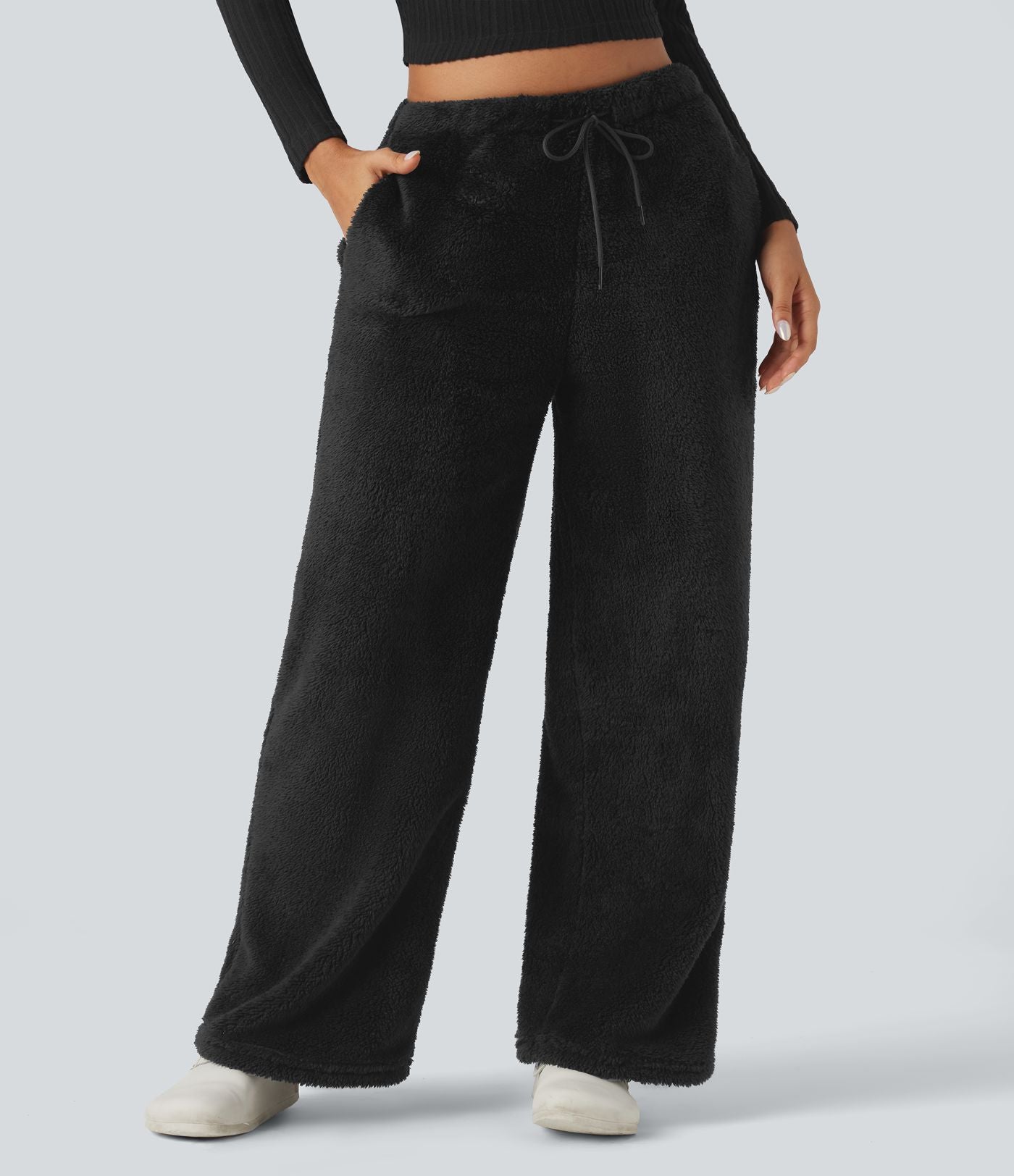Pantalon coupe droite teddy taille mi-haute avec cordon de serrage et poches