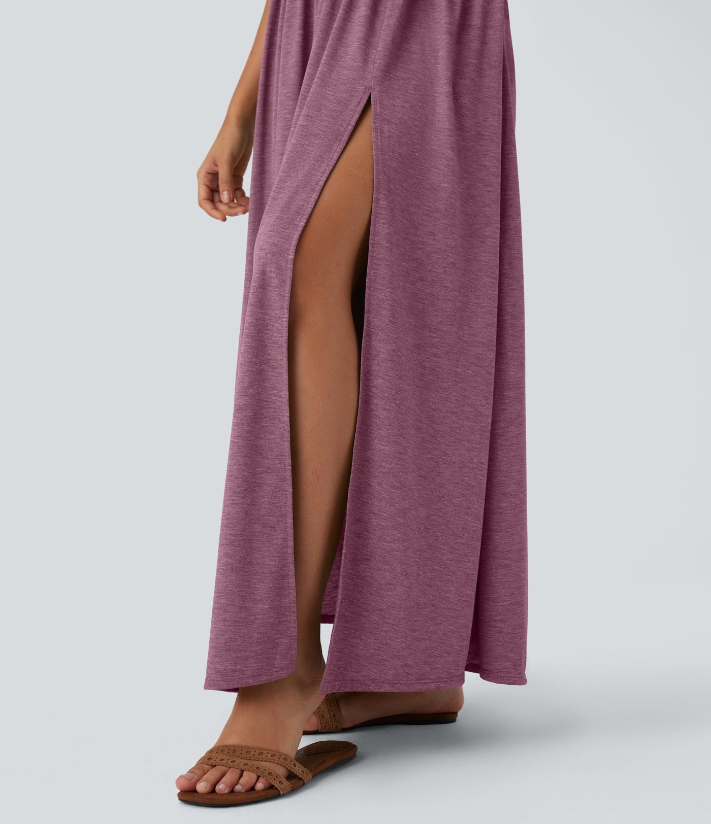 Robe longue fluide fendue avec poches latérales, dos nu et effet torsadé