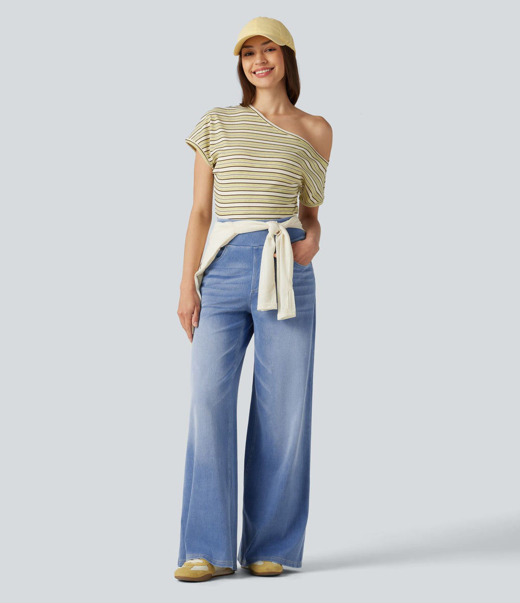Jean décontracté Halara Flex™ large taille haute effet délavé avec poches