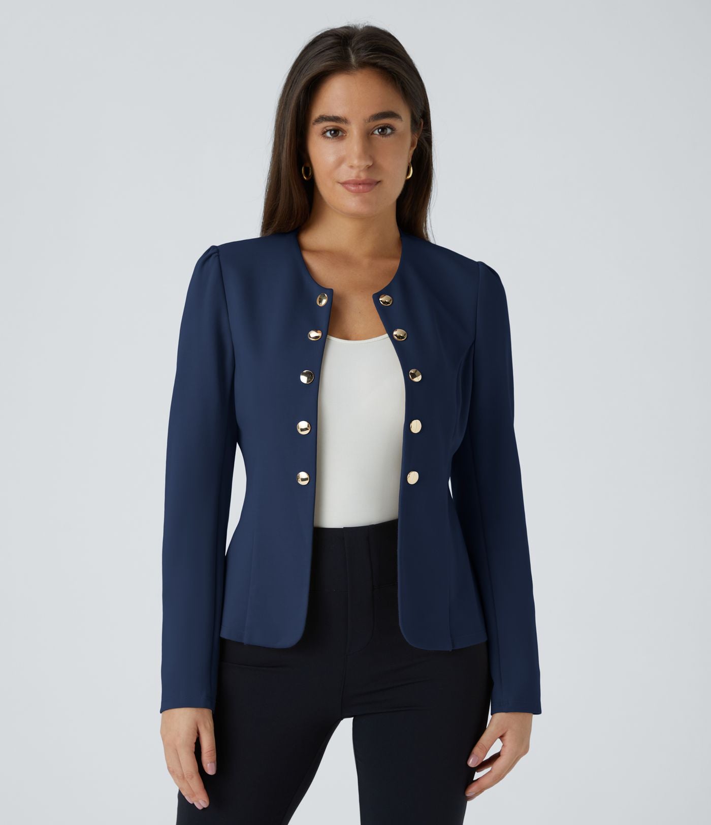 Blazer tailleur ajusté à col rond, manches longues avec boutons décoratifs