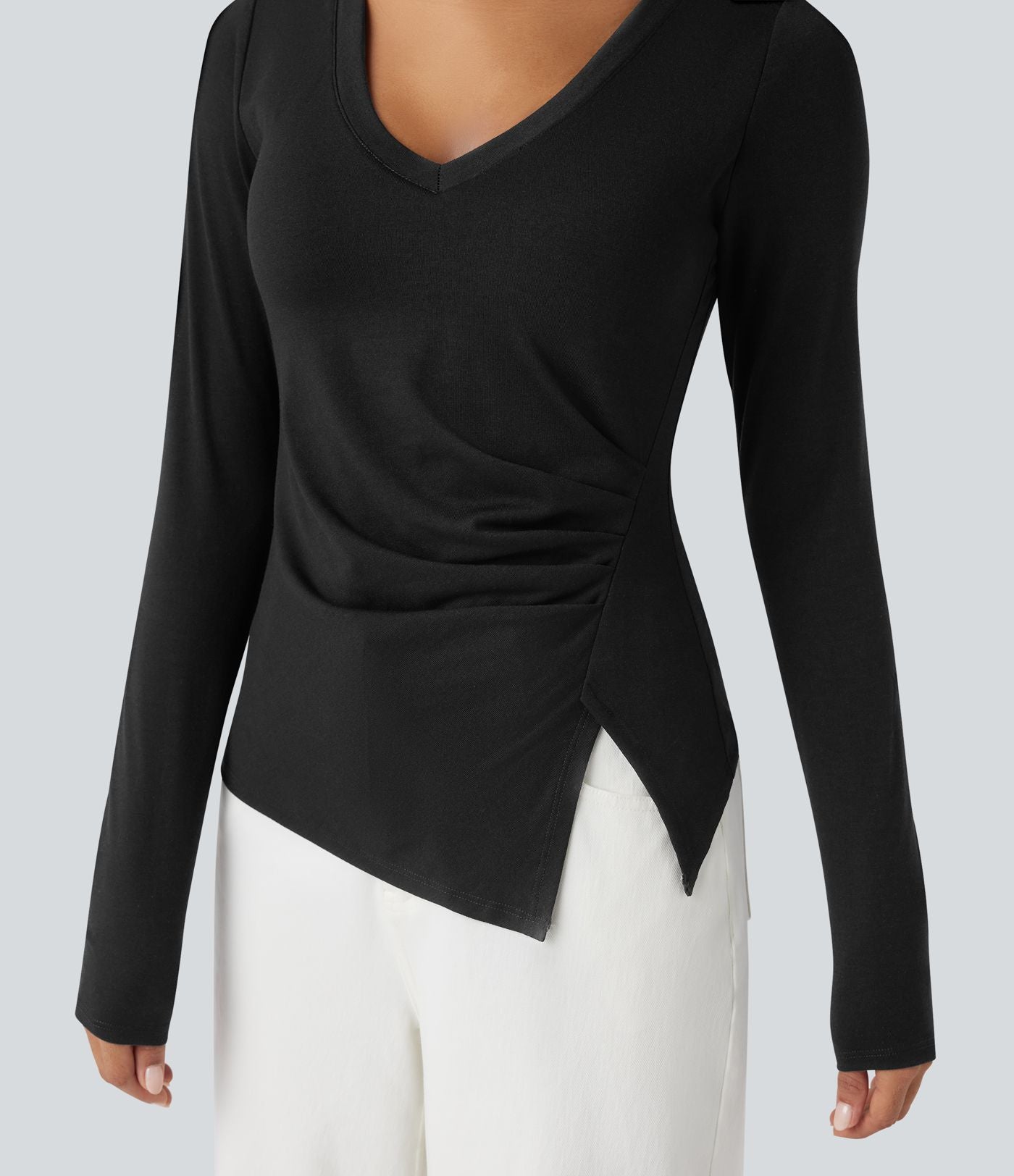 Top casual push-up à col V avec bonnets moulés, manches longues, fronces et ourlet fendu - Bonnet A/B