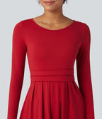 Robe longue décontractée évasée col rond plongeant manches longues avec poches