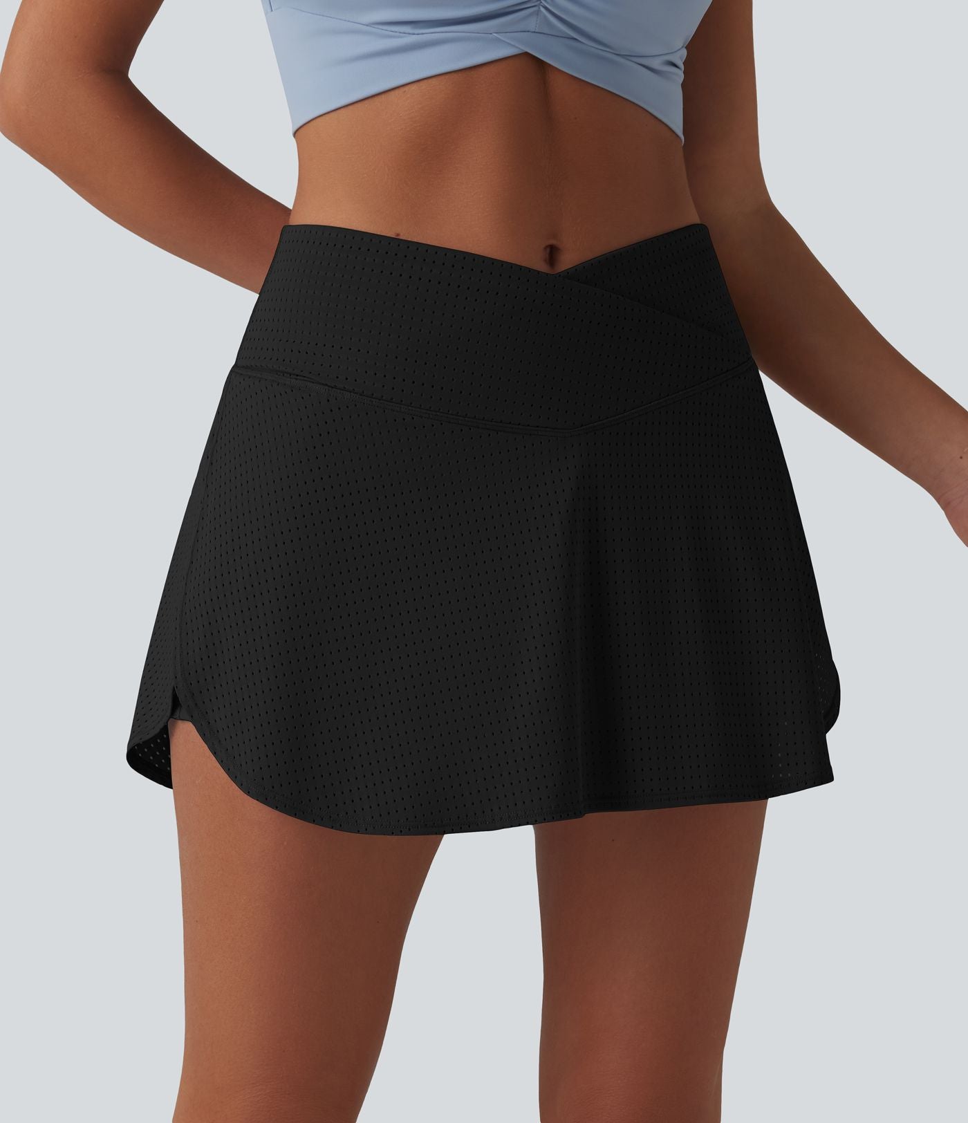 Jupe mini de tennis à œillets, taille haute, 2 en 1, coupe trapèze, croisée, avec poches