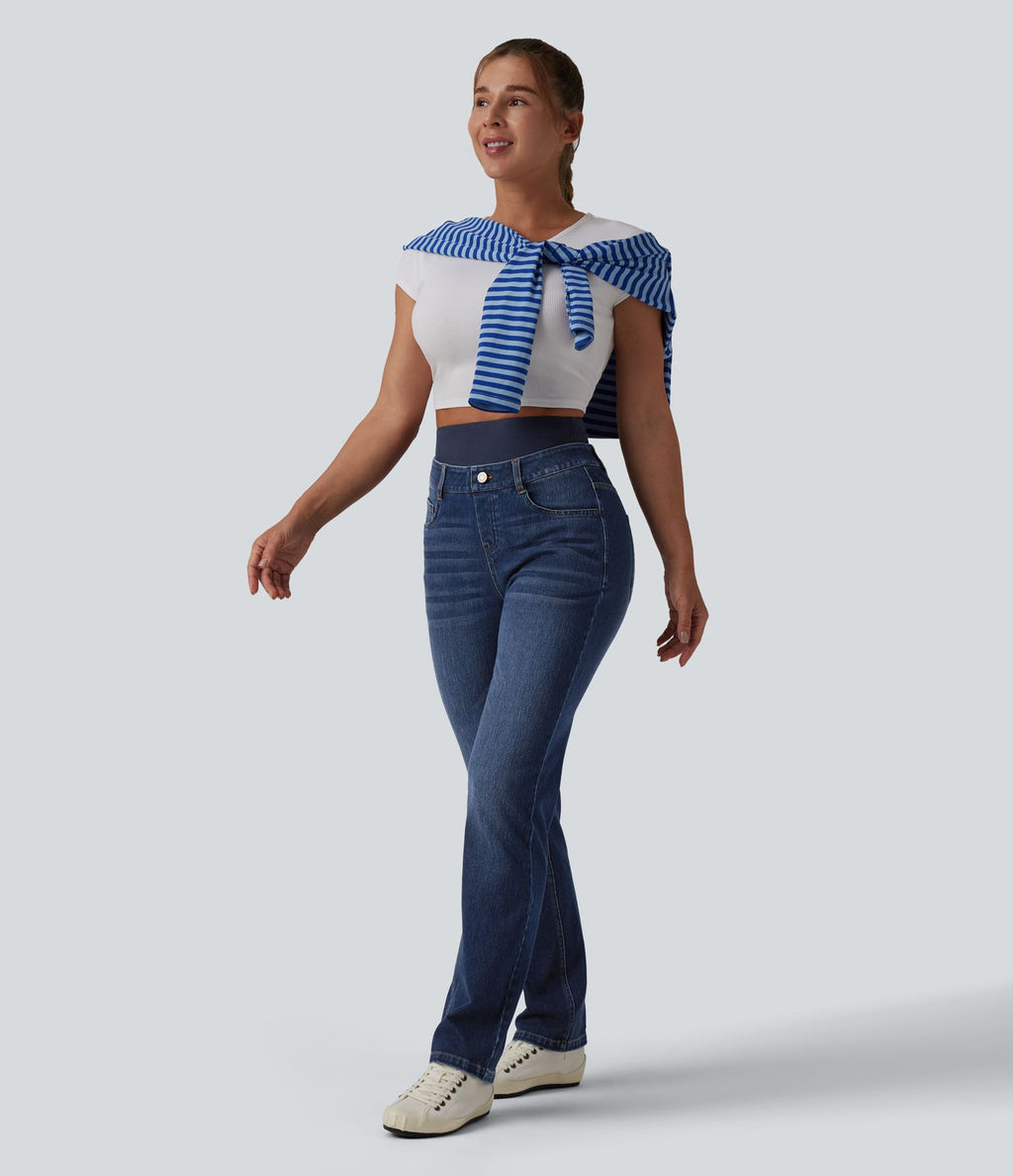 Jean ajusté décontracté Halara Flex™ double ceinture gainant taille haute avec poches