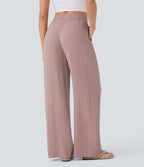 Pantalon large fluide taille haute avec cordon de serrage, poches latérales et aspect lin