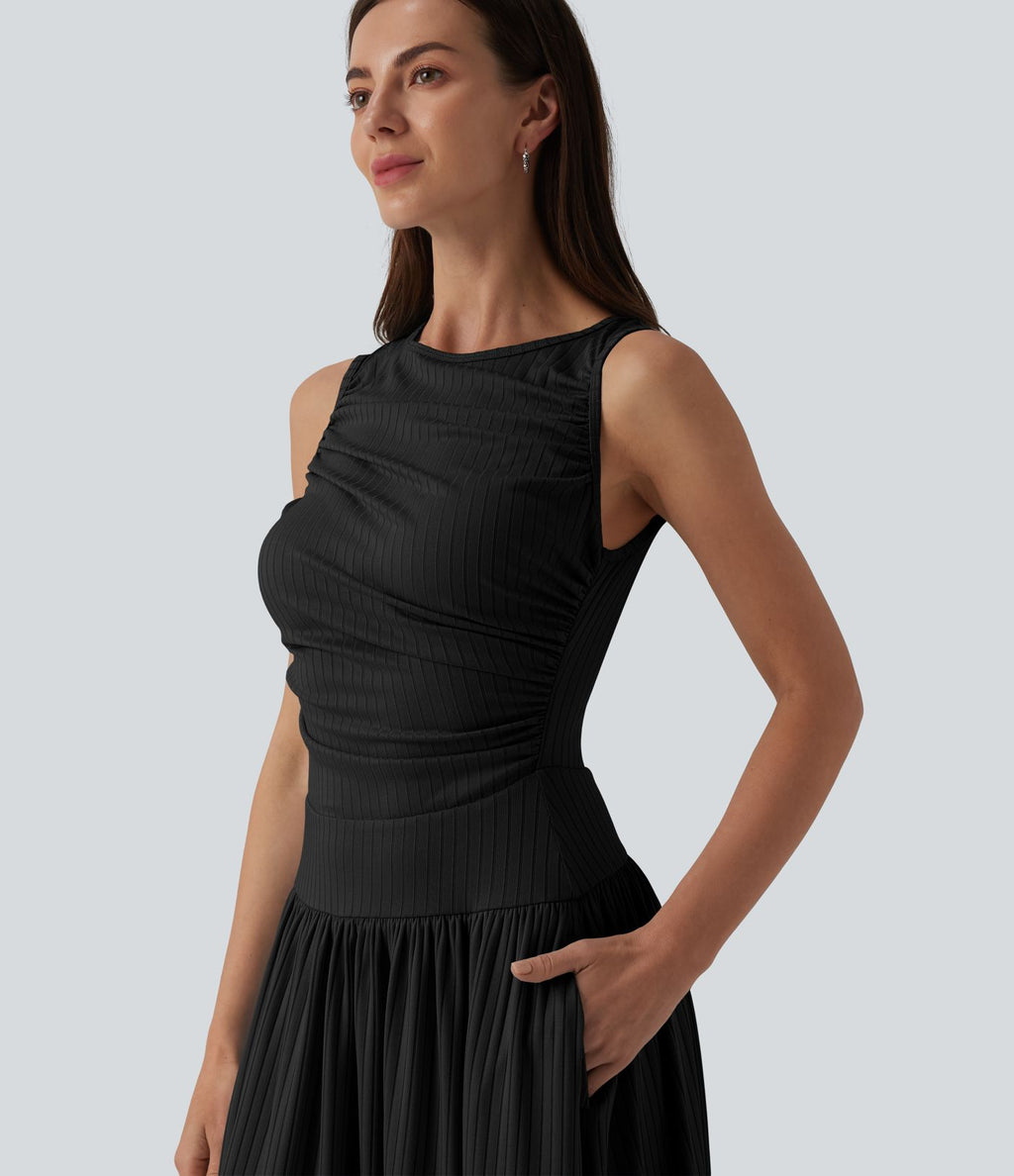 Robe longue fluide casual col bateau à bretelles asymétriques et fronces en maille côtelée avec poches