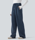 Pantalon jogging en coton molleton français délavé taille haute avec cordon de serrage et poches