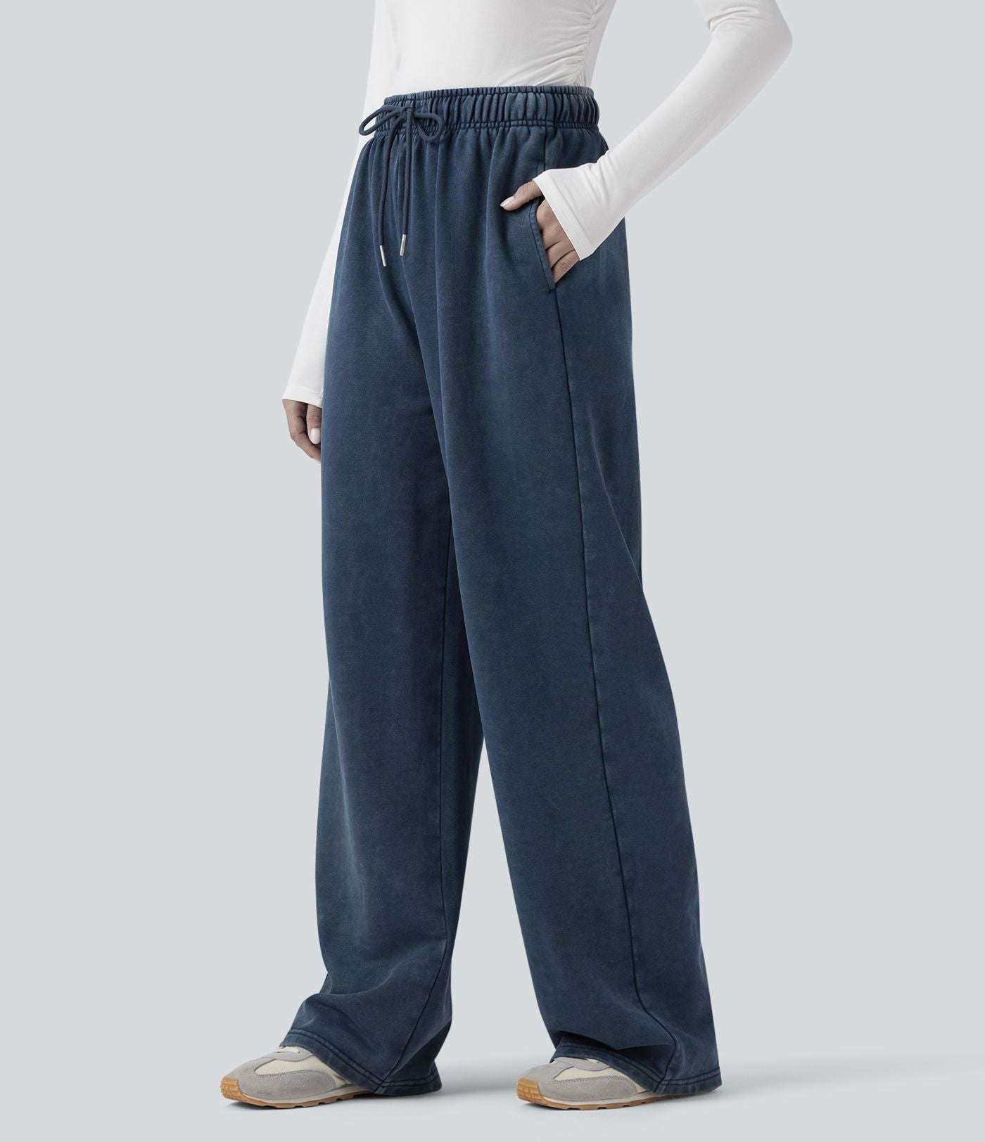 Pantalon jogging en coton molleton français délavé taille haute avec cordon de serrage et poches