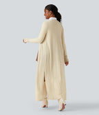 Manteau long décontracté maille côtelée manches longues avec fente