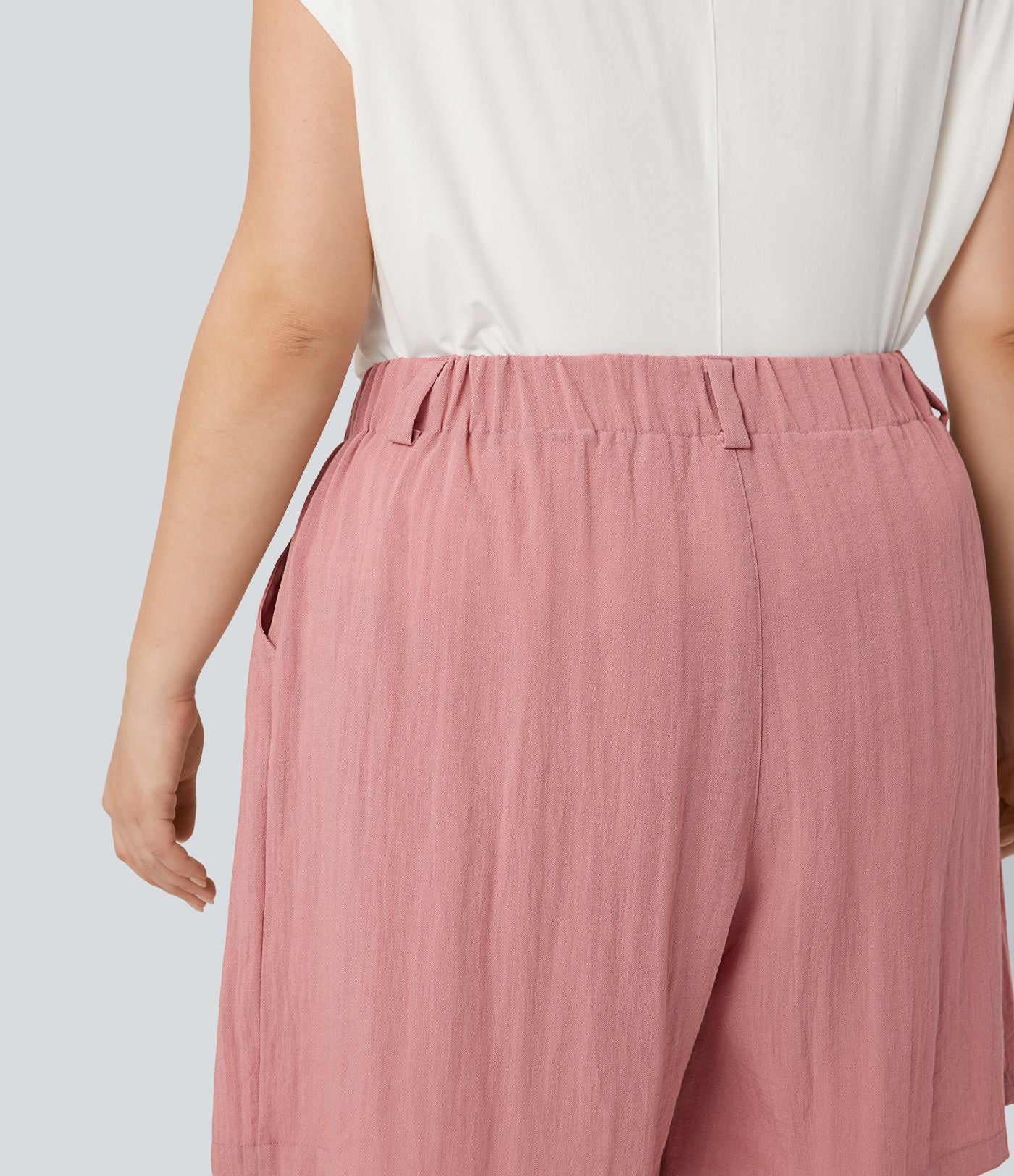 Bermuda décontracté grande taille aspect lin taille haute avec poches