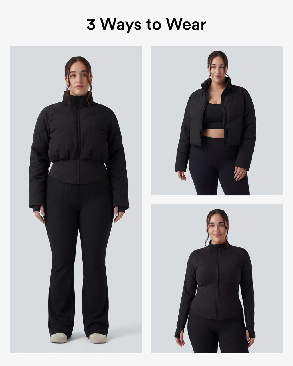 PuffFlex Grande taille Doudoune courte 3-en-1 col montant casual & Veste à ourlet arrondi et trous pour les pouces avec poches