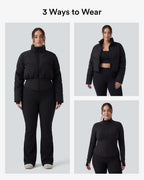 PuffFlex Grande taille Doudoune courte 3-en-1 col montant casual & Veste à ourlet arrondi et trous pour les pouces avec poches