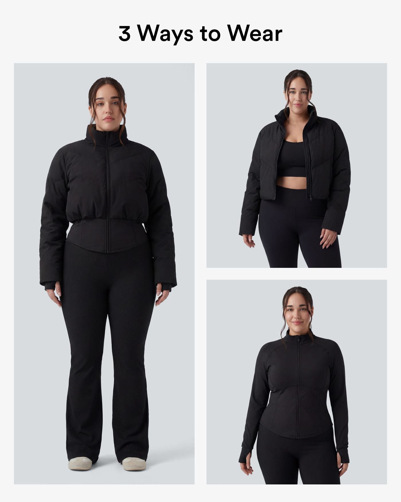 PuffFlex Grande taille Doudoune courte 3-en-1 col montant casual & Veste à ourlet arrondi et trous pour les pouces avec poches
