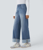 Jean décontracté Halara Flex™ taille haute jambes larges avec poches multiples et ourlet ajustable, en maille extensible effet délavé