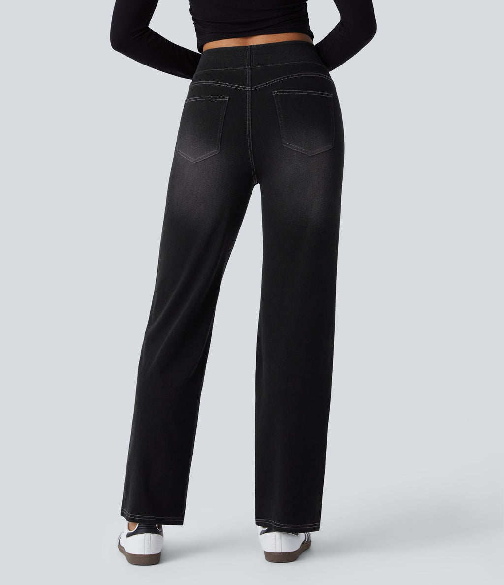 Jean décontracté Halara Flex™ taille haute, extensible, délavé, jambes droites avec poches multiples