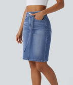 Jupe en Jean midi décontractée extensible délavée à taille moyenne avec boutons, fermeture éclair, poches multiples et fente