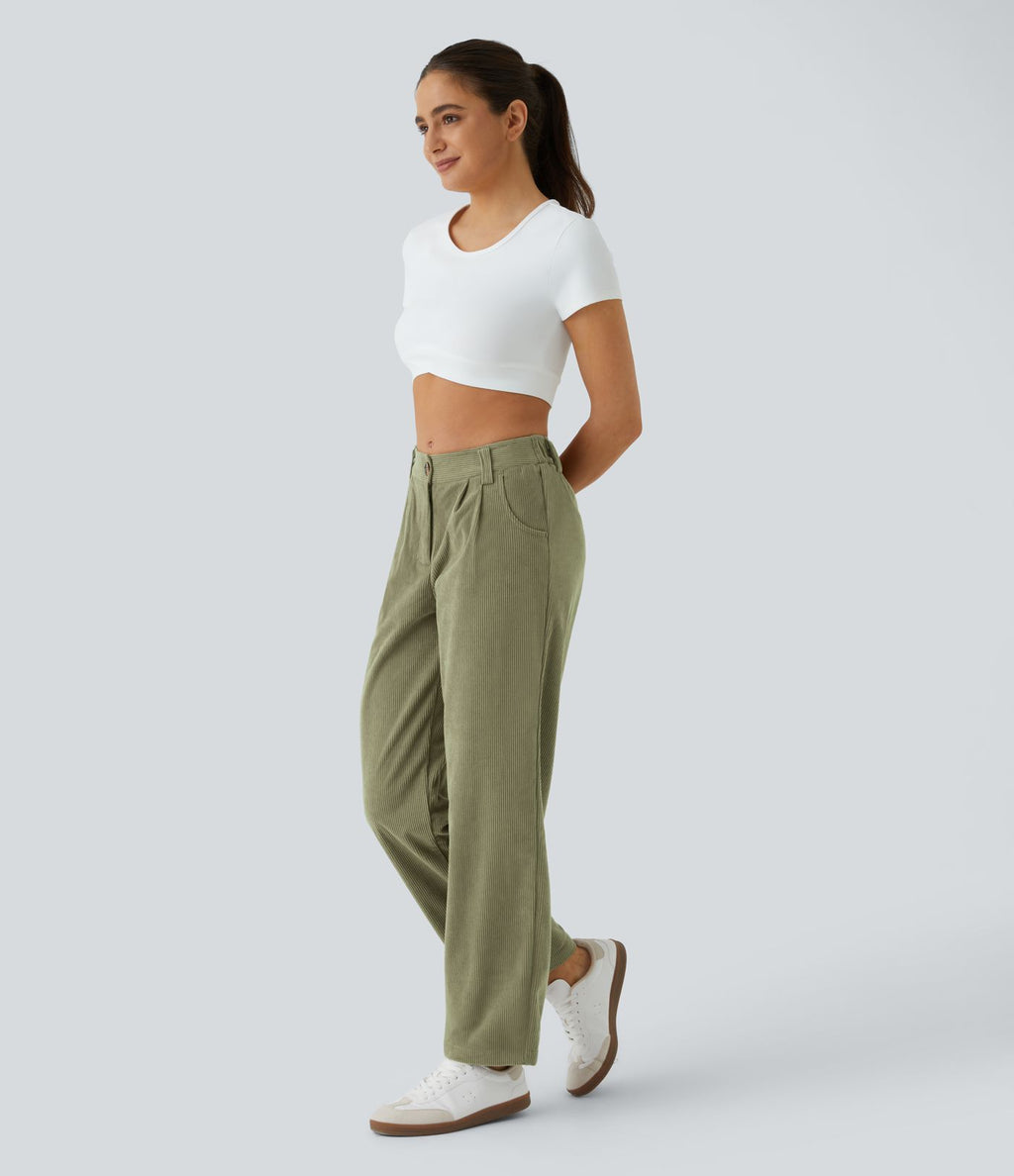 Pantalon en velours côtelé décontracté taille moyenne avec poches latérales