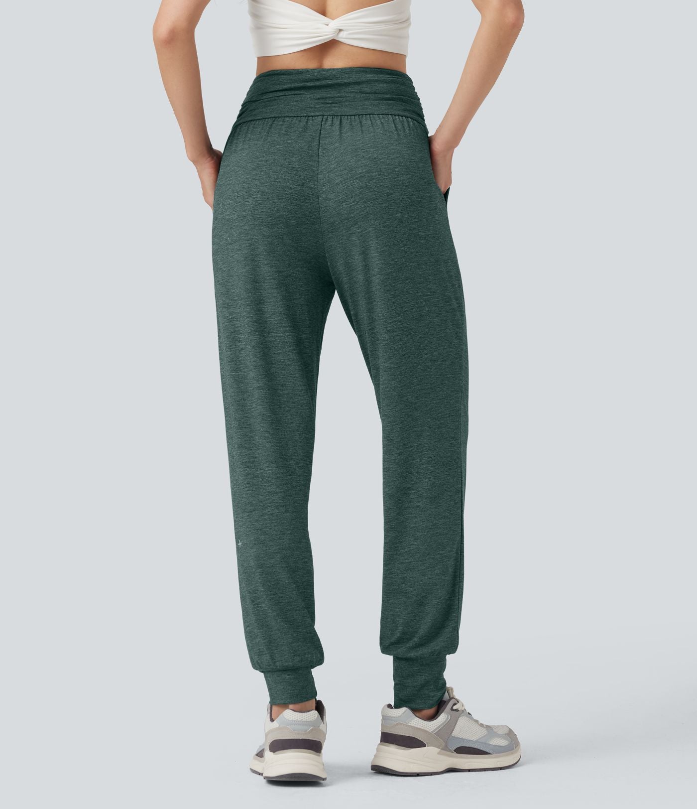 Jogging taille haute froncé chiné avec poches