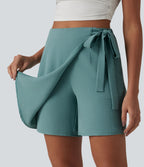 Jupe-short casual taille haute aspect lin avec lien noué sur le côté