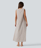 Robe débardeur midi décontractée col rond sans manches en vichy froissé avec poches