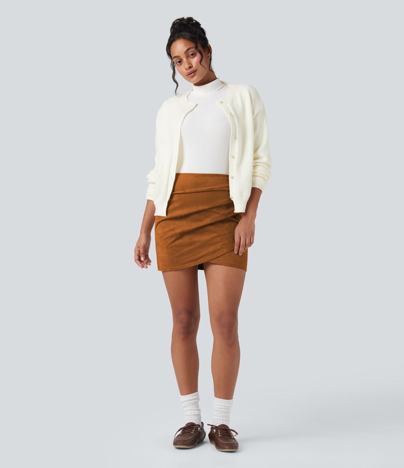 Jupe mini moulante décontractée effet daim taille haute froncée à ourlet croisé