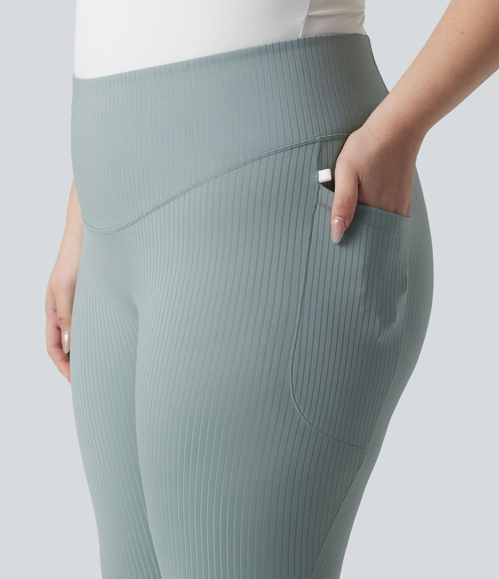 Legging sport grande taille en maille côtelé, effet ventre plat, taille haute avec poches