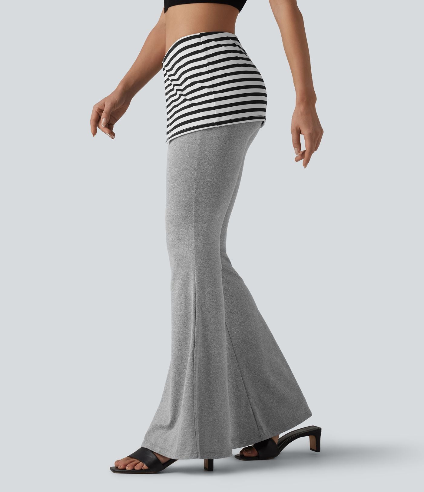 Pantalon évasé taille basse rabattable à rayures chiné
