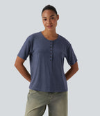 T-shirt casual ample chiné henley manches courtes