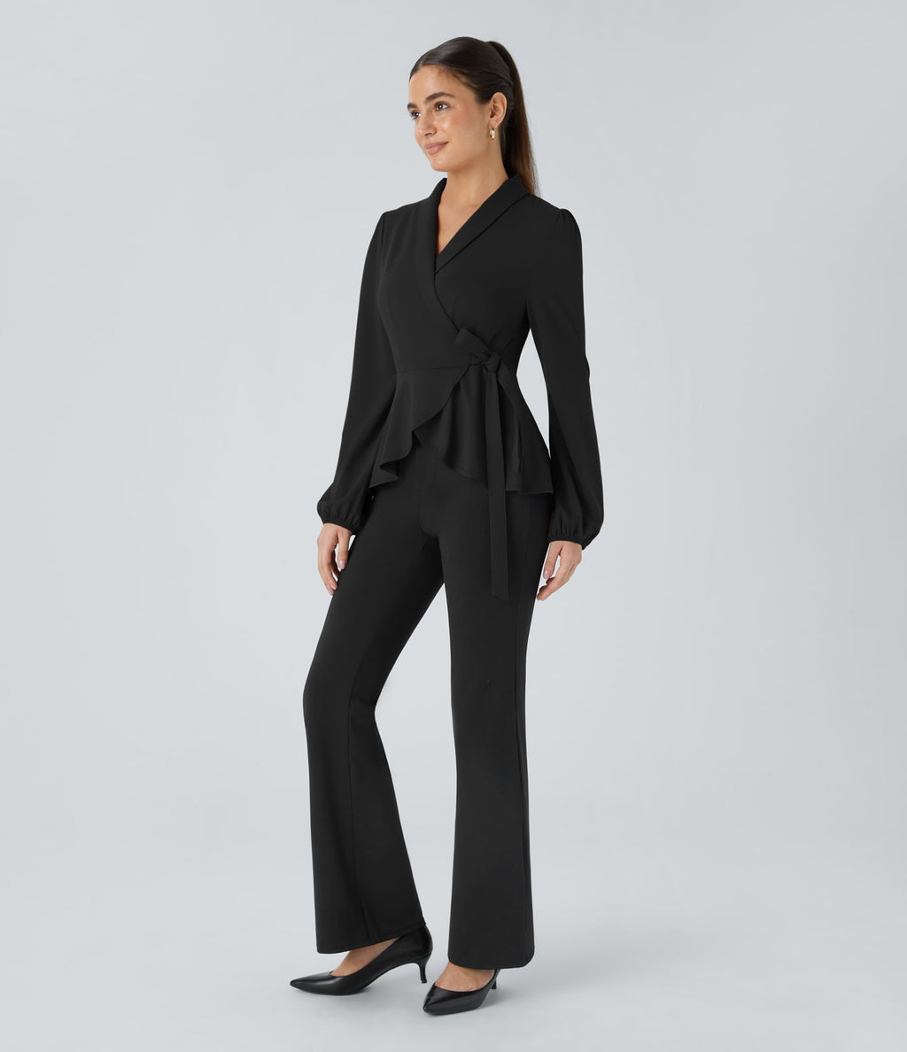 Blouse de travail à col châle, effet cache-cœur, lien sur le côté et ourlet à volants