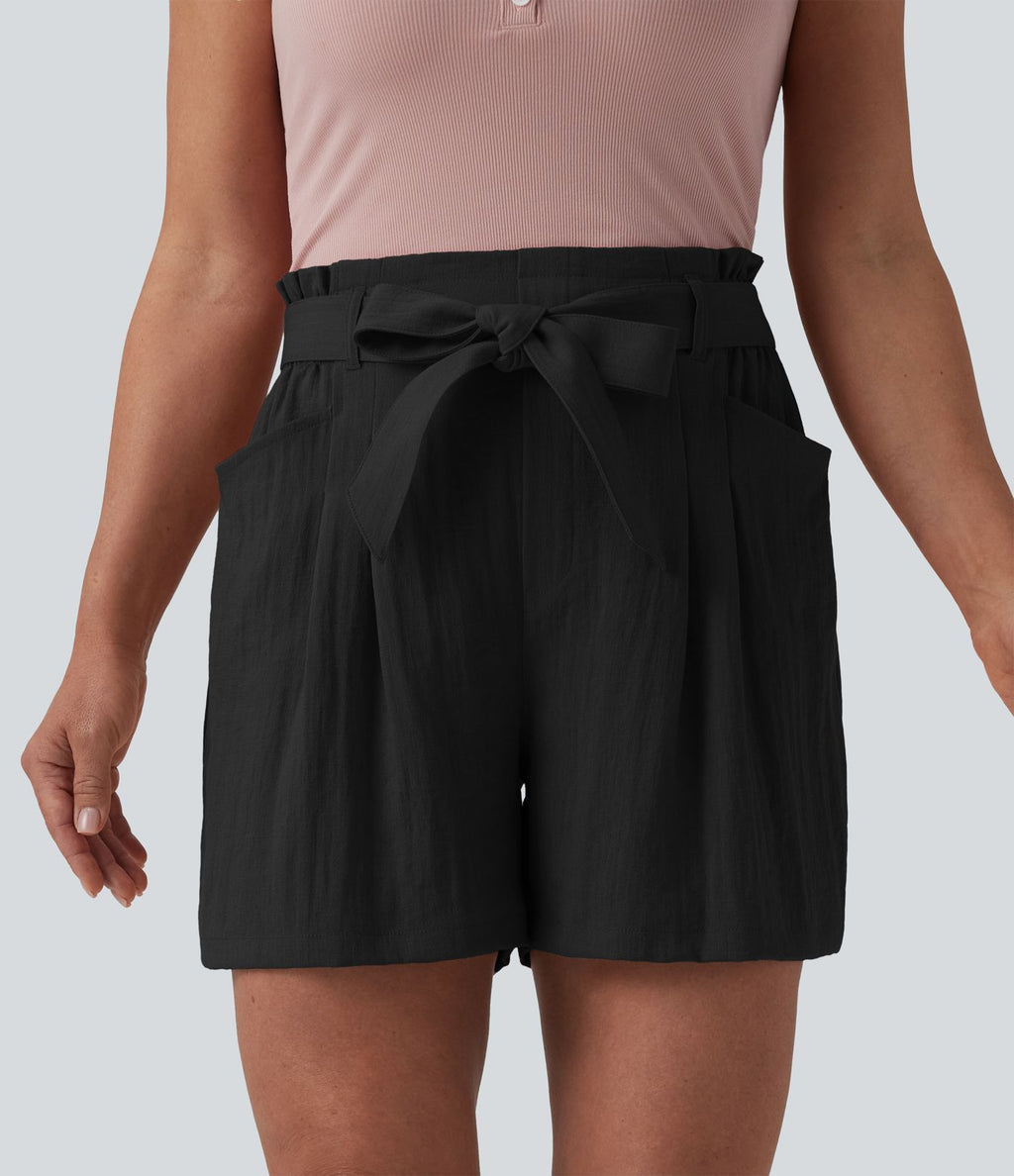Short décontracté taille haute avec nœud devant aspect lin avec poches
