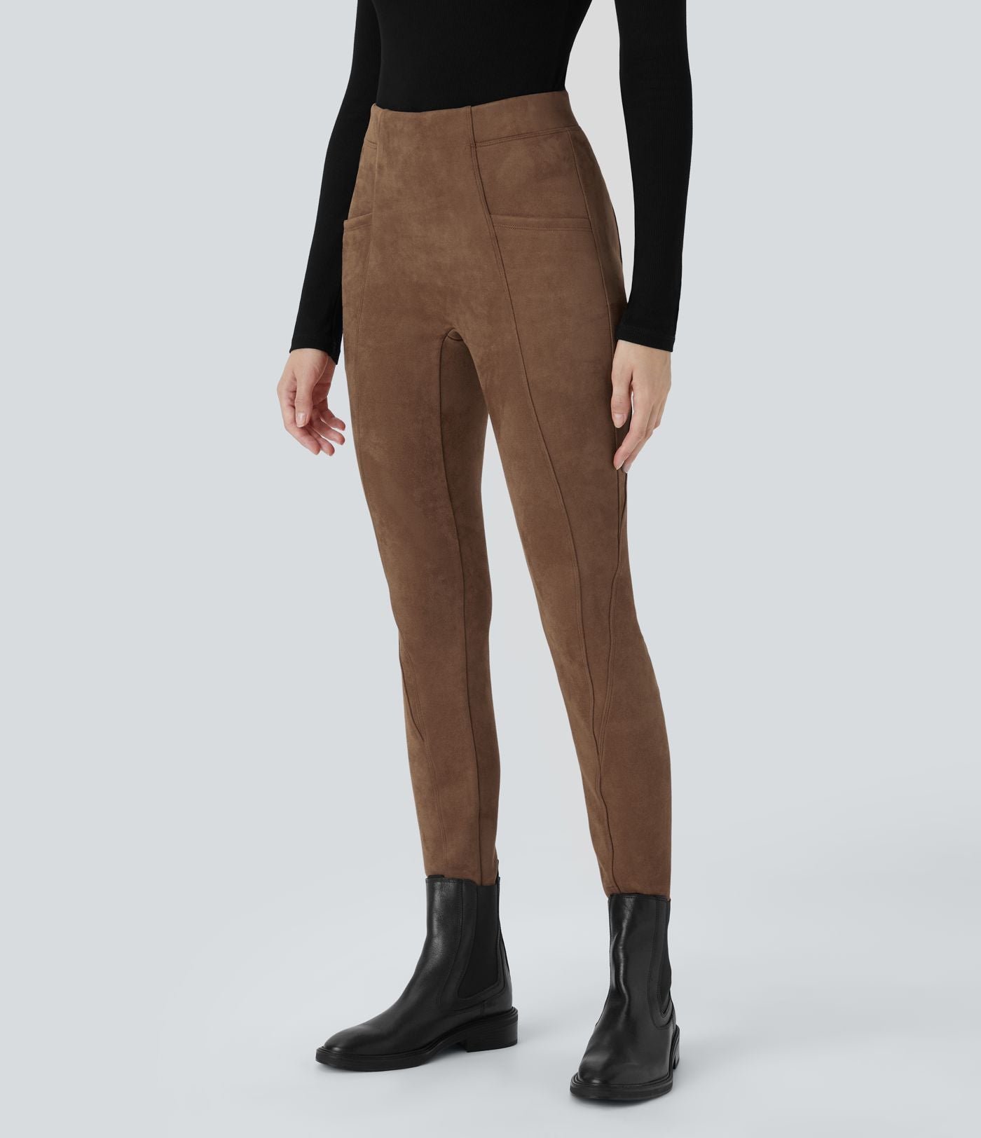 Legging décontracté en suédine taille haute, gainant, avec poches latérales