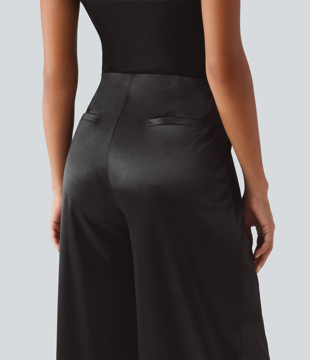 Pantalon habillé large taille haute en satin avec poches