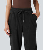 Pantalon décontracté fuselé en velours côtelé, taille mi-haute, cordon et poches