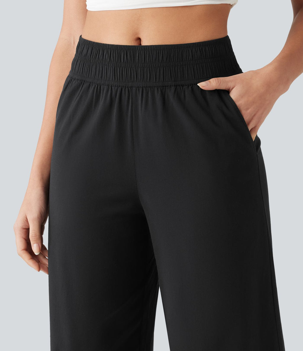 Pantalon large fluide 7/8 taille mi-haute en lin extensible avec poches