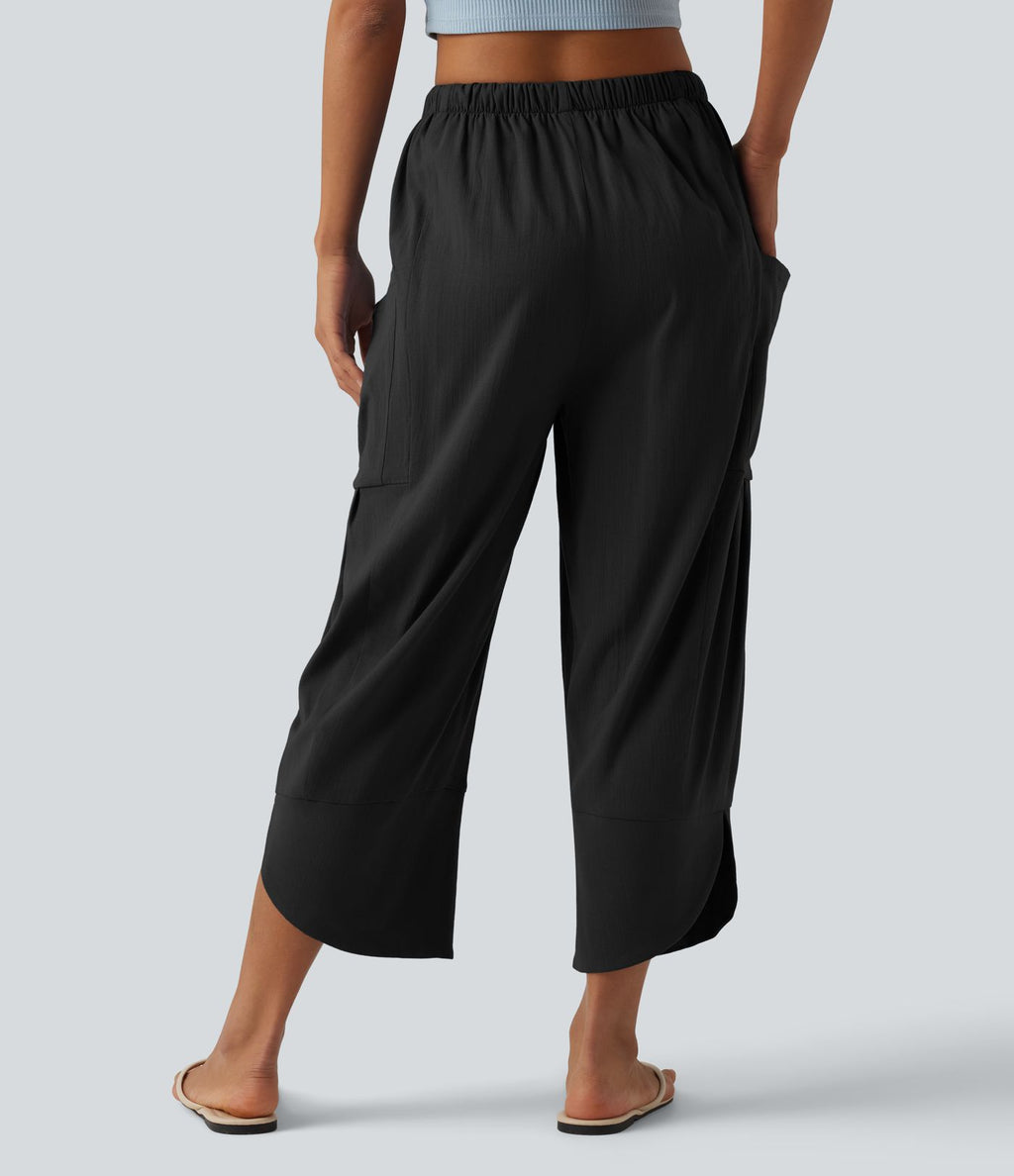 Pantalon court décontracté taille haute avec cordon de serrage, ourlet arrondi, effet lin et poches