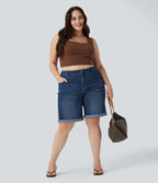 Short bermuda casual denim grande taille Halara Flex™ tricot extensible délavé taille haute multiples poches ourlet roulotté