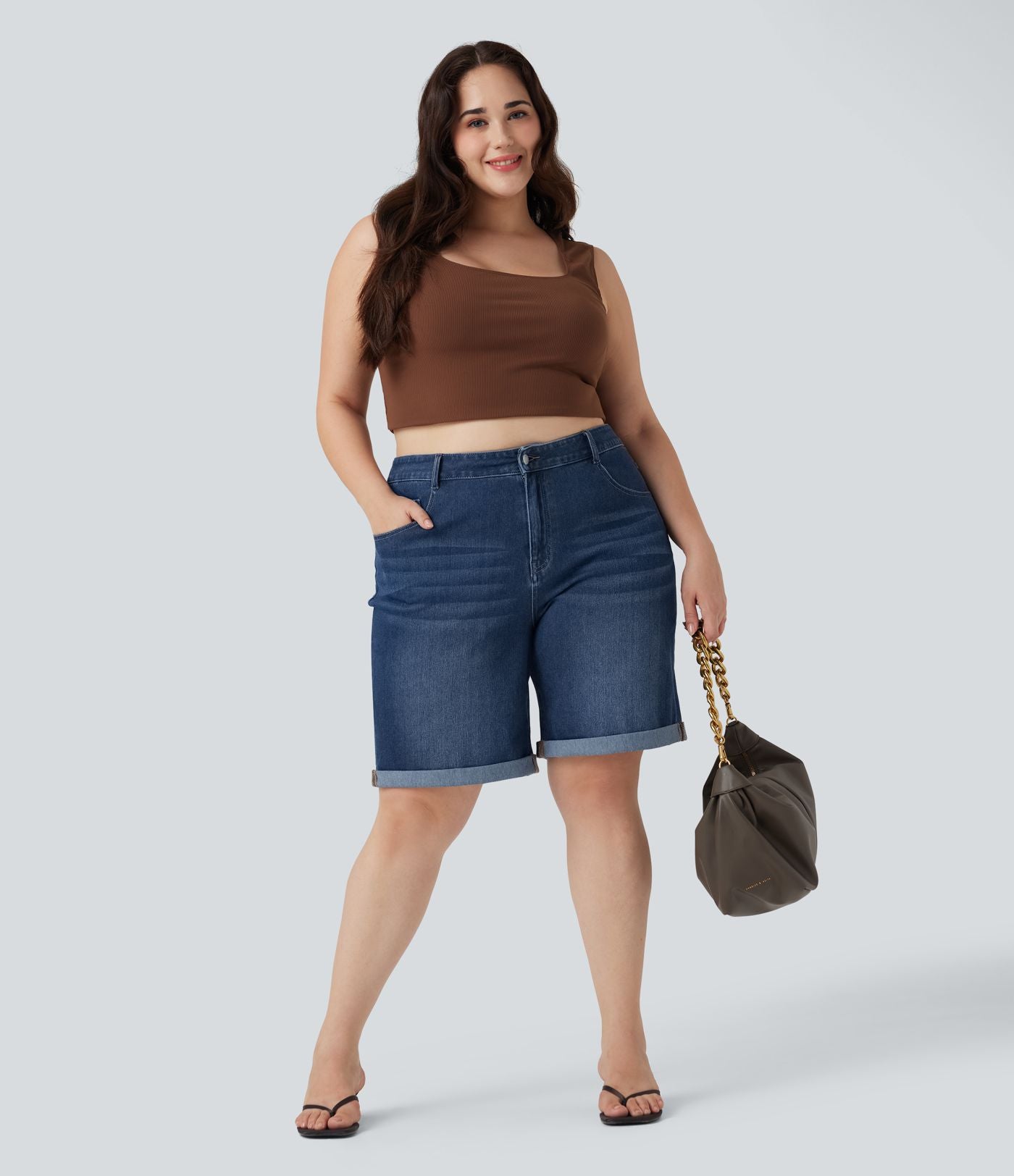 Short bermuda casual denim grande taille Halara Flex™ tricot extensible délavé taille haute multiples poches ourlet roulotté