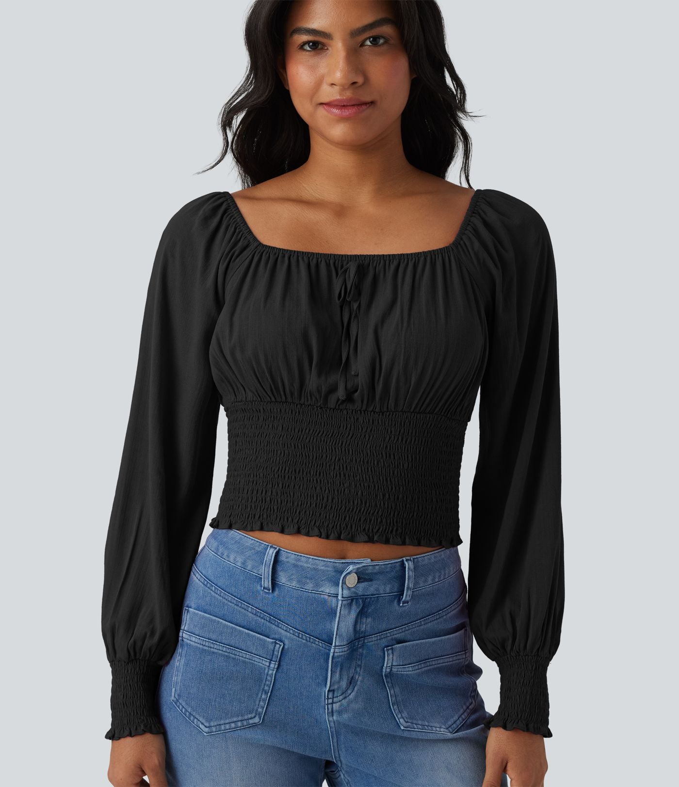 Blouse casual froncée à col carré et manches bouffantes