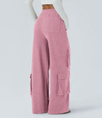 Pantalon cargo décontracté large à cordon côtelé, taille mi-haute, avec poches