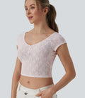 T-shirt casual court col cœur manches courtes en dentelle