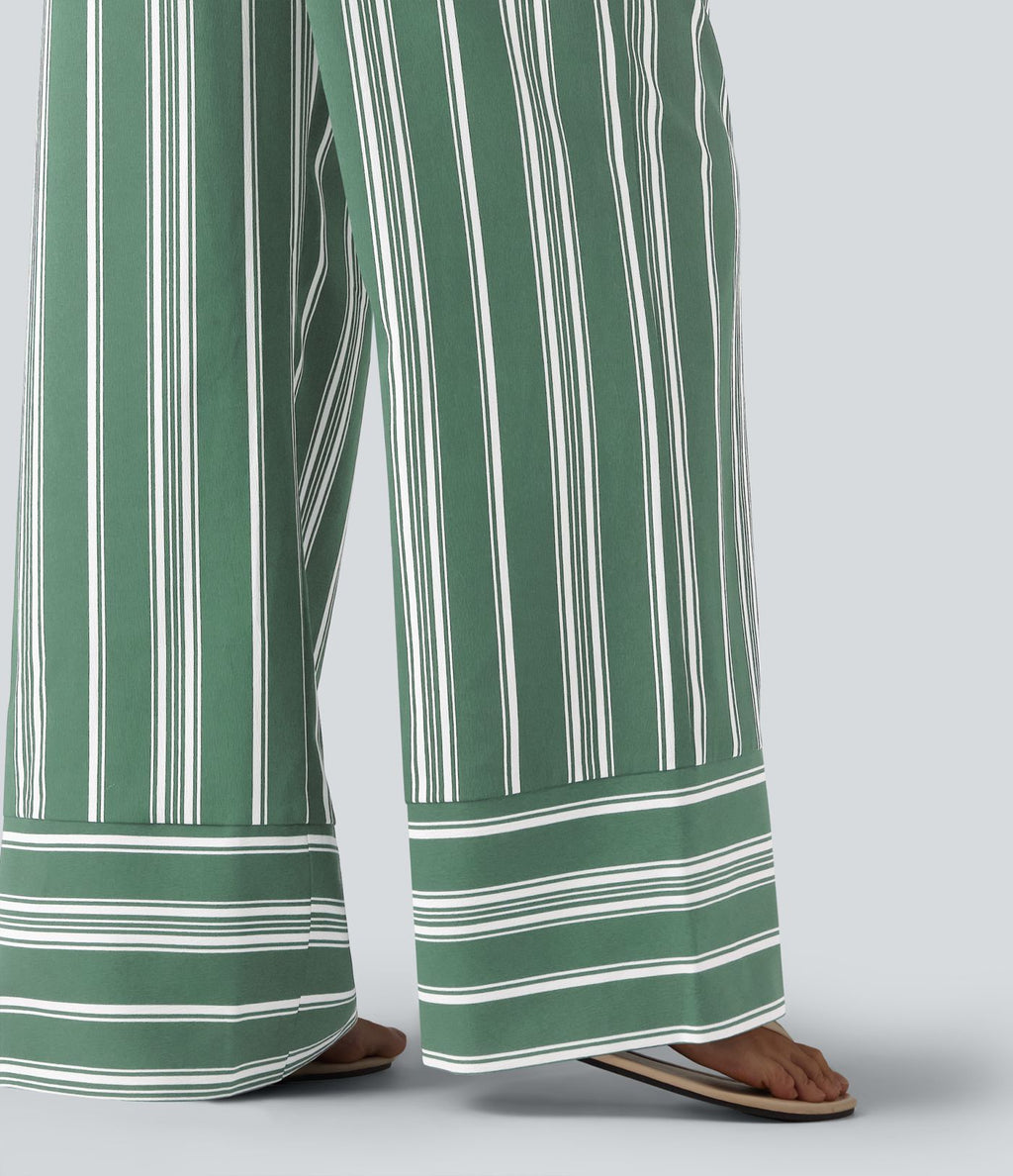 Pantalon large taille haute à rayures avec ceinture et poches