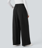 Pantalon Jogging Thermique Taille Haut Jambes Larges Poche Latérale Plissée en Fleece