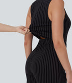 Combinaison tailleur sans manches à col V, ceinturée, avec zip invisible, rayures et effet frais avec poches, accès facile Easy Peasy