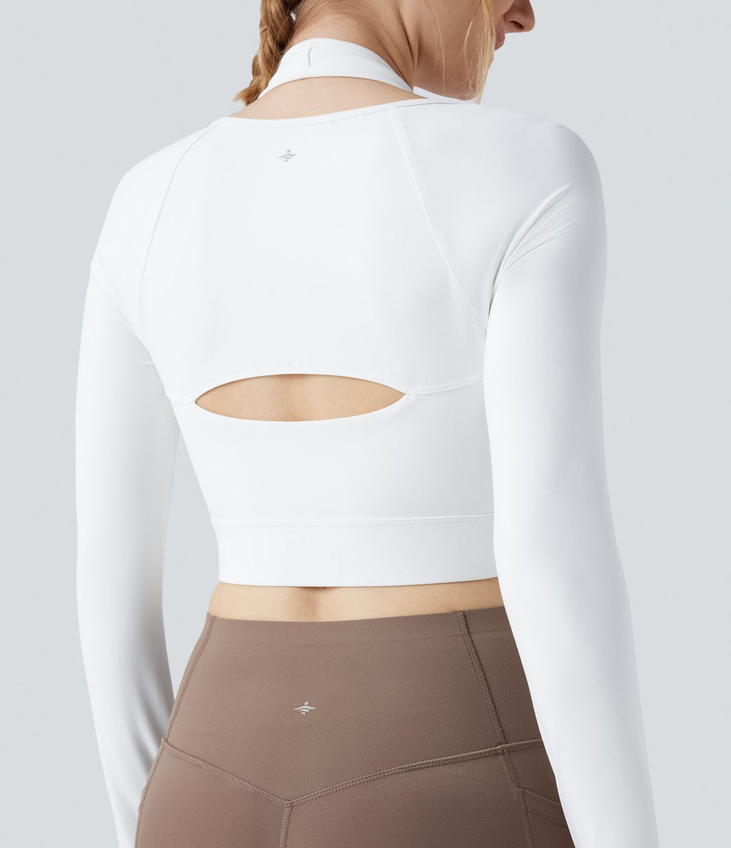Halara UltraSculpt™ Top court de sport zippé dos nageur à manches longues avec bonnets moulés push-up et passants pouces